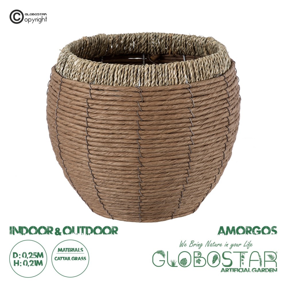 GloboStar® Artificial Garden AMORGOS 20337 Διακοσμητικό Πλεκτό Καλάθι - Κασπώ Γλάστρα - Flower Pot Μπεζ με Καφέ Φ25cm x Υ21cm